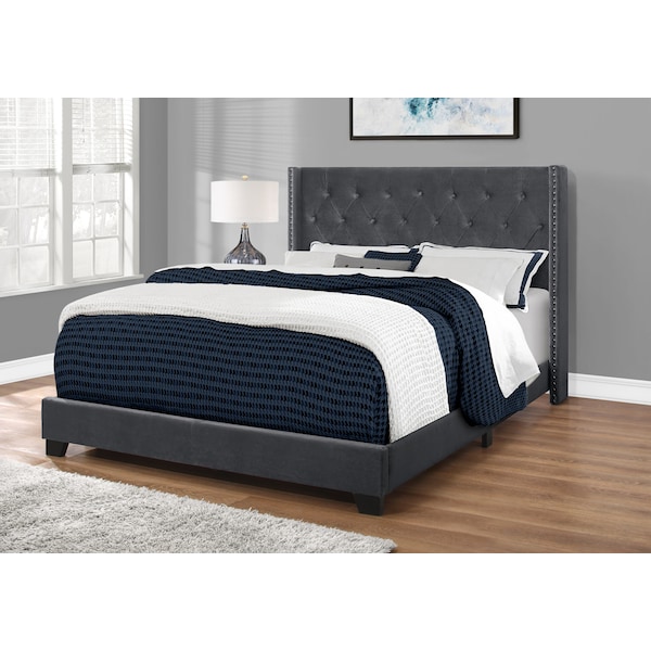 Monarch Specialties Bed, Queen Size, Platform, Bedroom, Frame, Upholstered, Velvet, Wood Legs, Grey, Chrome - I 5986Q