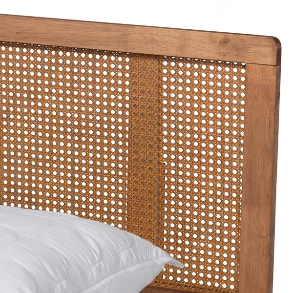 Baxton Studio Romy Ash Walnut Finished and Synthetic Rattan Full Size Platform Bed - 159-9818-9819