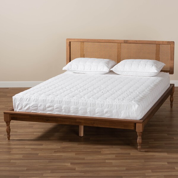 Baxton Studio Romy Ash Walnut Finished and Synthetic Rattan Full Size Platform Bed - 159-9818-9819