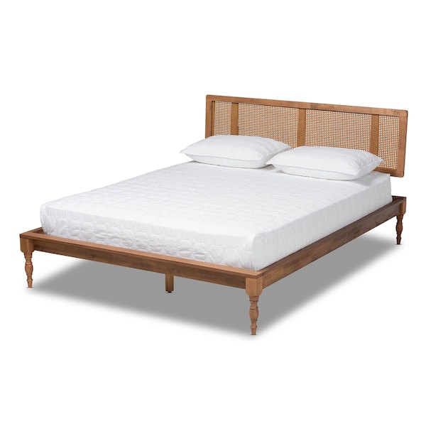Baxton Studio Romy Ash Walnut Finished and Synthetic Rattan Full Size Platform Bed - 159-9818-9819