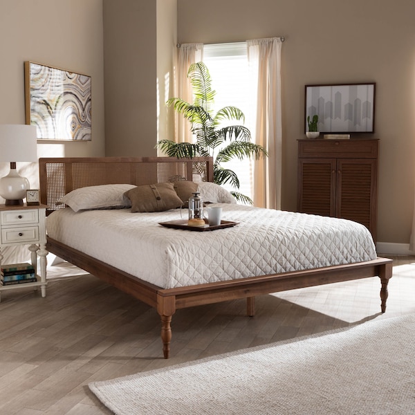 Baxton Studio Romy Ash Walnut Finished and Synthetic Rattan Full Size Platform Bed - 159-9818-9819