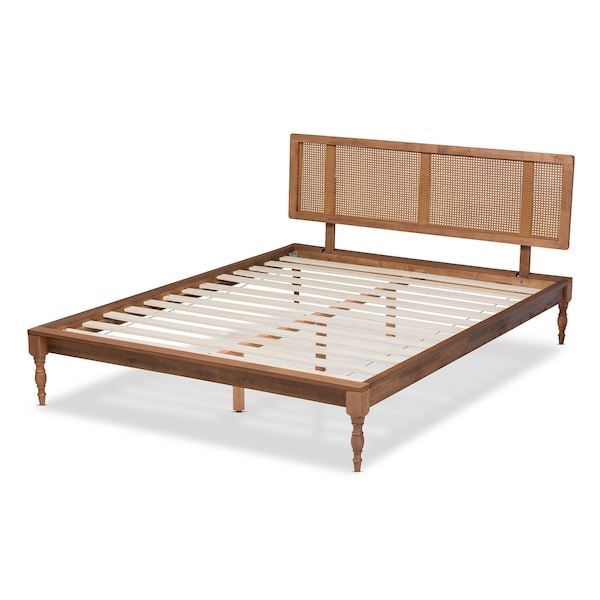 Baxton Studio Romy Ash Walnut Finished and Synthetic Rattan Full Size Platform Bed - 159-9818-9819