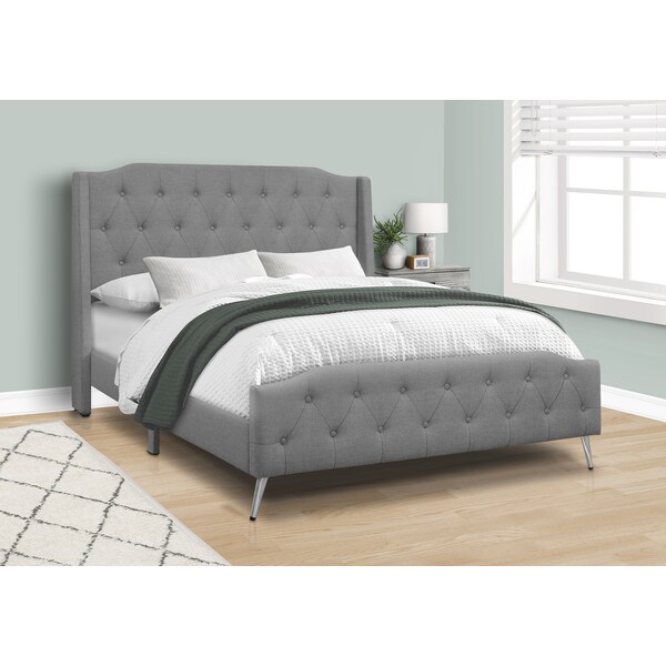 Monarch Specialties Bed, Queen Size, Bedroom, Upholstered, Grey Linen Look, Chrome Metal Legs, Transitional - I 6045Q