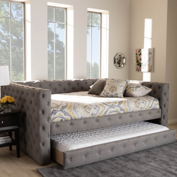Baxton Studio Anabella Grey Upholstered Queen Size Daybed with Trundle - 147-8710