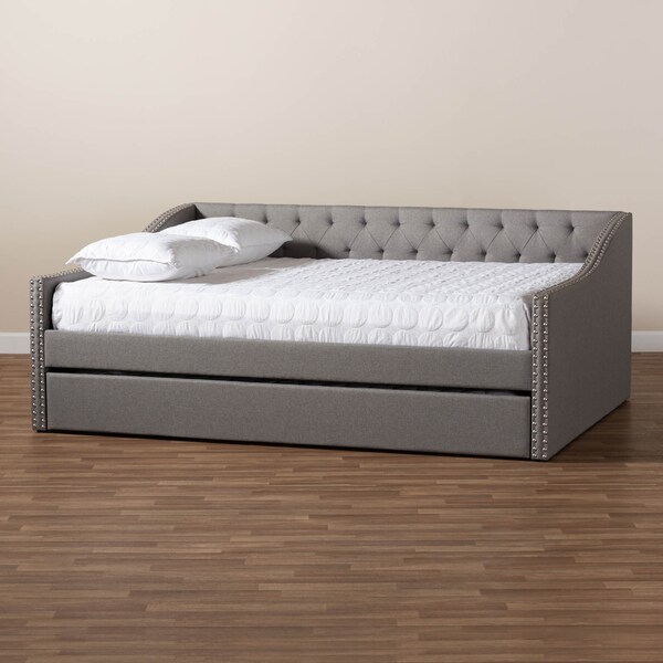 Baxton Studio Haylie Light Grey Full Size Daybed with Roll-Out Trundle Bed - 158-9674
