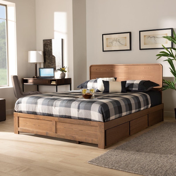 Baxton Studio Eleni Modern Ash Walnut Brown Finished Wood King Size 3-Drawer Storage Bed - 175-9430-9622-ZORO