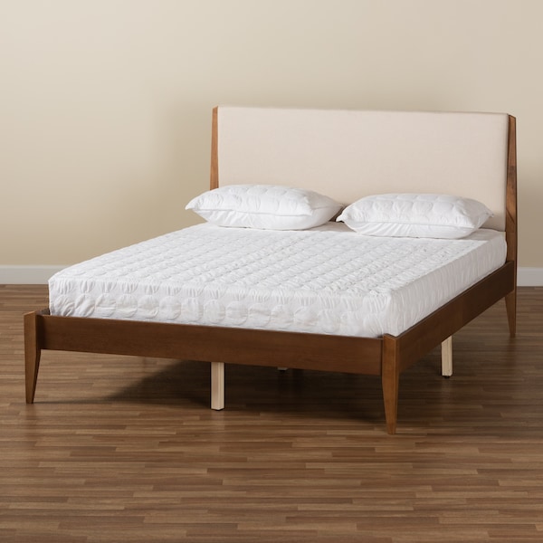 Baxton Studio Lenora Mid-Century Beige Fabric Upholstered and Walnut Brown Finished Wood Platform Bed-King - 197-11599-ZORO