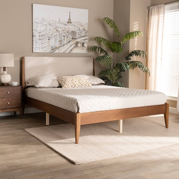 Baxton Studio Lenora Mid-Century Beige Fabric Upholstered and Walnut Brown Finished Wood Platform Bed-King - 197-11599-ZORO