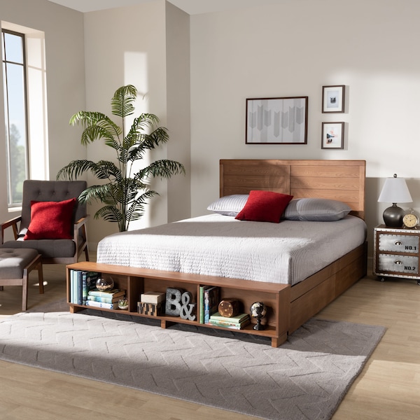 Baxton Studio Alba Wood Full Size 4-Drawer Platform Bed with Built-In Shelves - 173-9425-10668