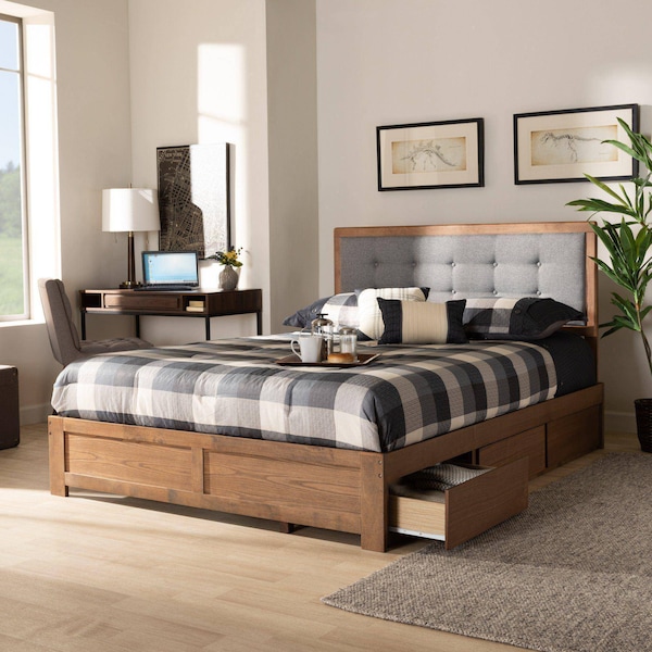 Baxton Studio Lene Modern Dark Grey Fabric and Ash Walnut Brown Finished Wood King Size 3-Drawer Storage Bed - 175-9433-9622-ZORO