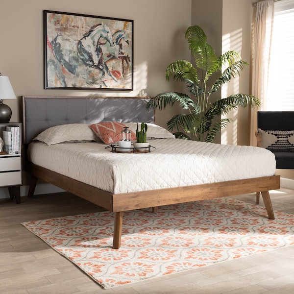 Baxton Studio Alke Light Grey Upholstered Walnut Wood King Size Platform Bed - 163-10480