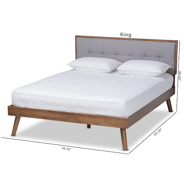 Baxton Studio Alke Light Grey Upholstered Walnut Wood King Size Platform Bed - 163-10480