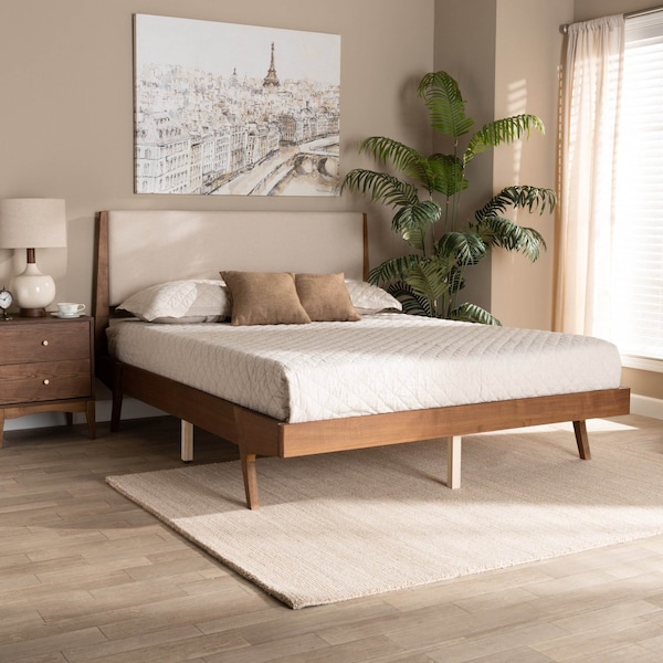 Baxton Studio Senna Mid-Century Beige Fabric Upholstered and Walnut Brown Finished Wood Platform Bed-Queen - 197-11604-ZORO
