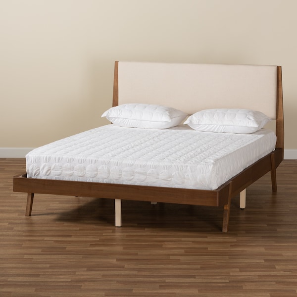 Baxton Studio Senna Mid-Century Beige Fabric Upholstered and Walnut Brown Finished Wood Platform Bed-Queen - 197-11604-ZORO