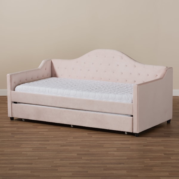 Baxton Studio Perry Pink Velvet Upholstered and Tufted Twin Size Daybed with Trundle - 156-9445