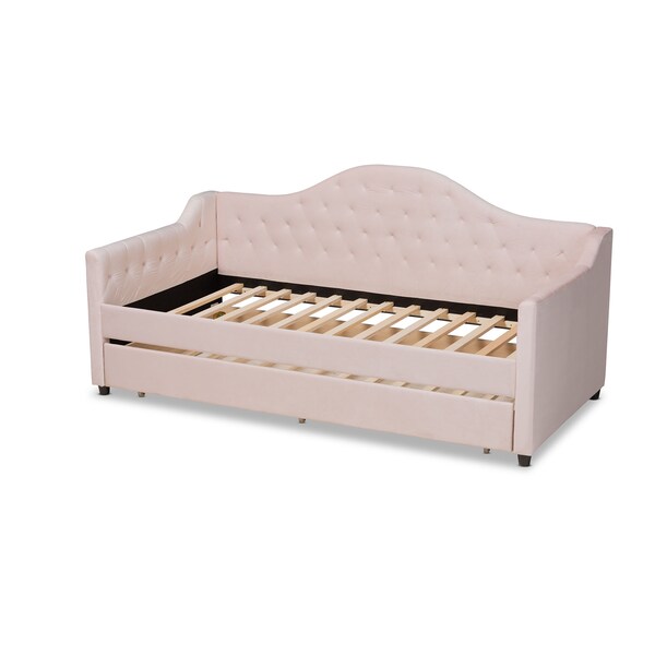 Baxton Studio Perry Pink Velvet Upholstered and Tufted Twin Size Daybed with Trundle - 156-9445
