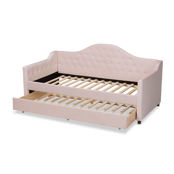 Baxton Studio Perry Pink Velvet Upholstered and Tufted Twin Size Daybed with Trundle - 156-9445
