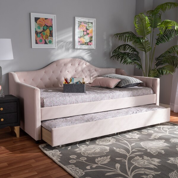 Baxton Studio Perry Pink Velvet Upholstered and Tufted Twin Size Daybed with Trundle - 156-9445