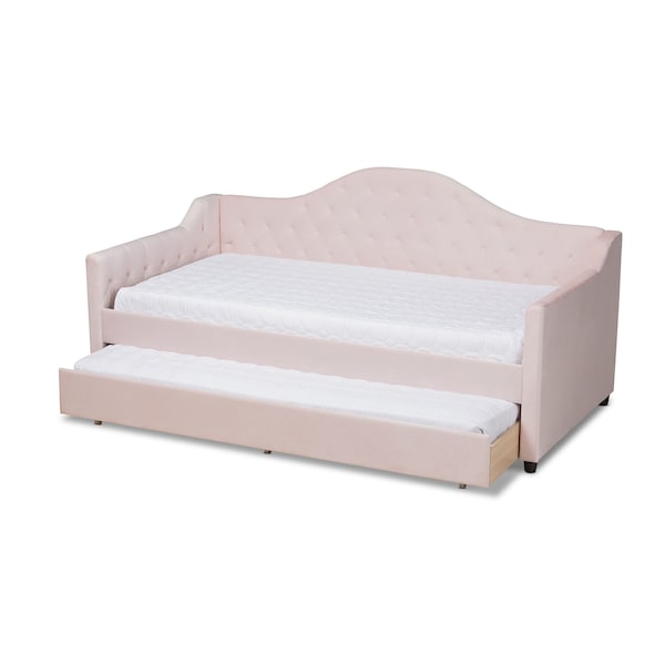 Baxton Studio Perry Pink Velvet Upholstered and Tufted Twin Size Daybed with Trundle - 156-9445