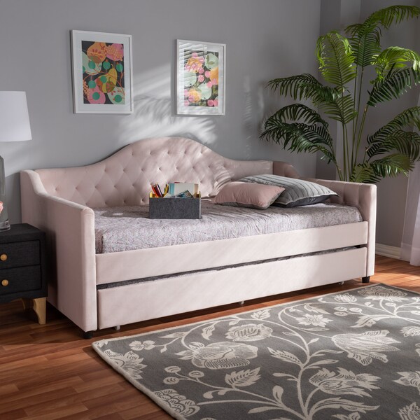 Baxton Studio Perry Pink Velvet Upholstered and Tufted Twin Size Daybed with Trundle - 156-9445