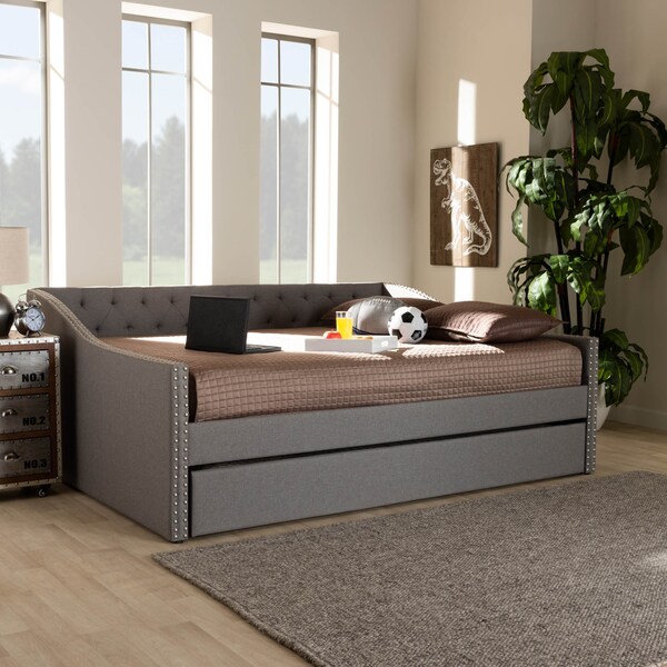 Baxton Studio Haylie Light Grey Queen Size Daybed with Roll-Out Trundle Bed - 158-9677