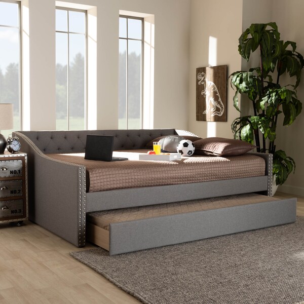 Baxton Studio Haylie Light Grey Queen Size Daybed with Roll-Out Trundle Bed - 158-9677