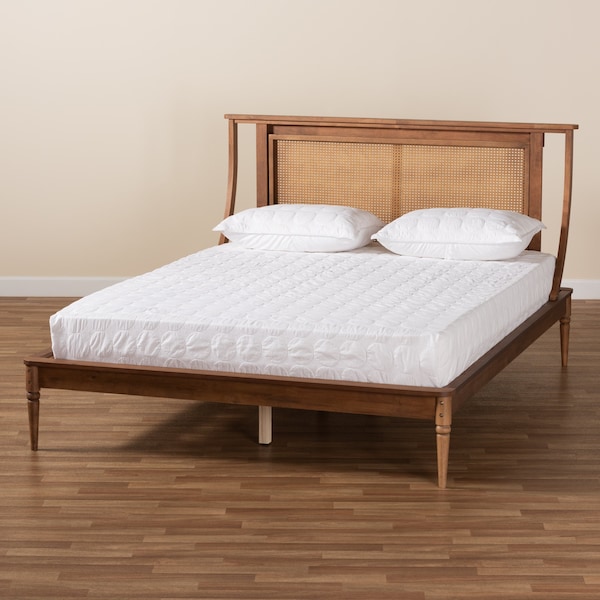 Baxton Studio Jamila Modern Transitional Walnut Brown Finished Wood and Synthetic Rattan Platform Bed-Full - 194-11510-ZORO