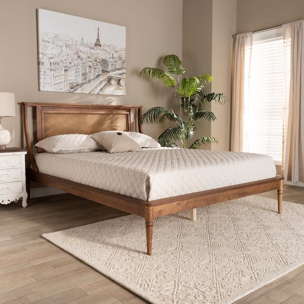 Baxton Studio Jamila Modern Transitional Walnut Brown Finished Wood and Synthetic Rattan Platform Bed-Full - 194-11510-ZORO
