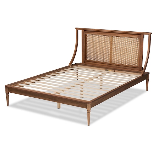 Baxton Studio Jamila Modern Transitional Walnut Brown Finished Wood and Synthetic Rattan Platform Bed-Full - 194-11510-ZORO