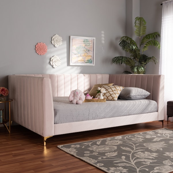 Baxton Studio Oksana Modern Glam and Luxe Light Pink Velvet Fabric and Gold Finished Queen Size Daybed - 174-10986-ZORO