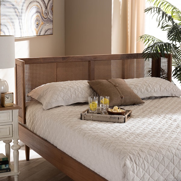 Baxton Studio Rina Ash Walnut Finished and Rattan King Size Wrap-Around Headboard - 159-9817