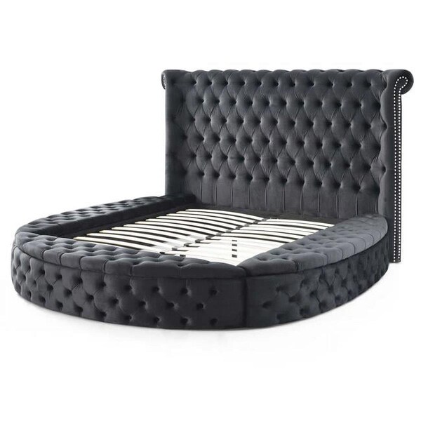 Better Home Products Elizabeth Upholstered Round Storage Queen Size Bed, Black - ELIZ-50-ROUND-BLK
