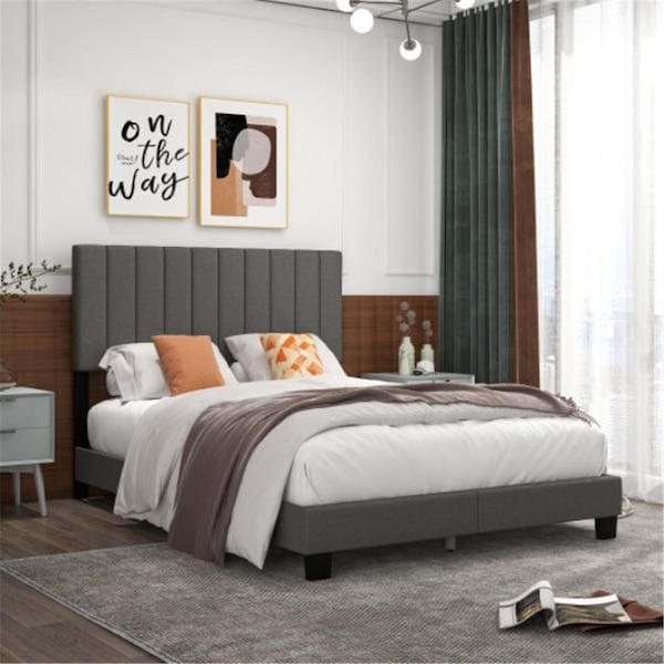 Total Tactic Upholstered Bed Frame with Vertical Channel Tufted Headboard, Gray - Queen Size - HU10565GR-Q
