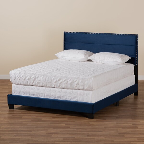 Baxton Studio Tamira Modern and Contemporary Glam Navy Blue Velvet Fabric Queen Size Panel Bed - 183-11276-ZORO