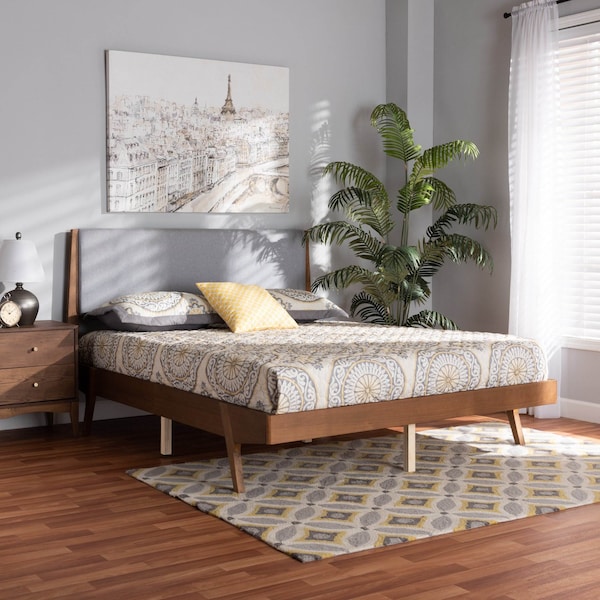 Baxton Studio Senna Mid-Century Grey Fabric Upholstered and Walnut Brown Finished Wood Platform Bed-King - 197-11608-ZORO