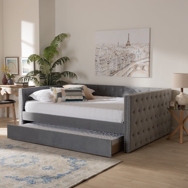 Baxton Studio Larkin Modern and Contemporary Grey Velvet Fabric Queen Size Daybed with Trundle - 187-11462-ZORO