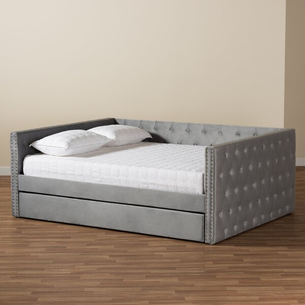 Baxton Studio Larkin Modern and Contemporary Grey Velvet Fabric Queen Size Daybed with Trundle - 187-11462-ZORO