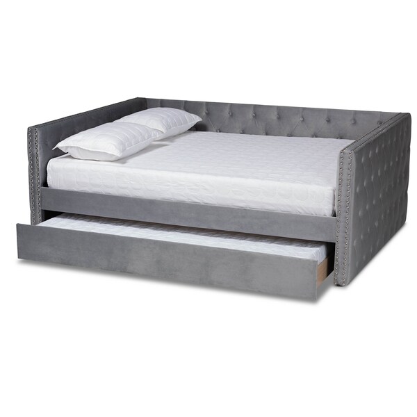 Baxton Studio Larkin Modern and Contemporary Grey Velvet Fabric Queen Size Daybed with Trundle - 187-11462-ZORO