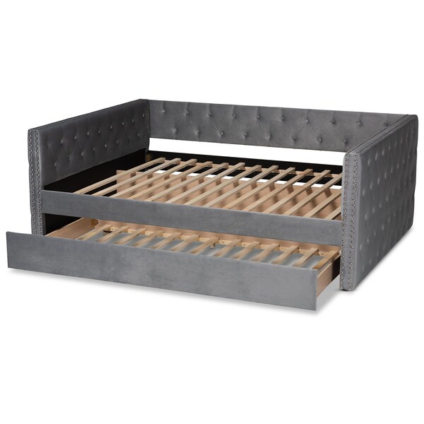Baxton Studio Larkin Modern and Contemporary Grey Velvet Fabric Queen Size Daybed with Trundle - 187-11462-ZORO
