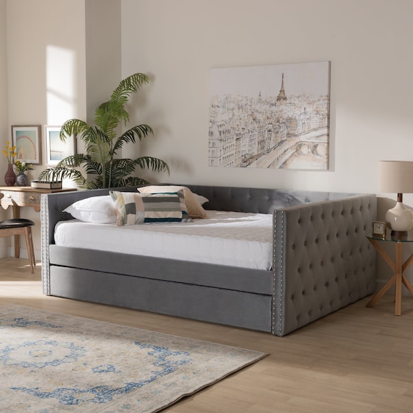 Baxton Studio Larkin Modern and Contemporary Grey Velvet Fabric Queen Size Daybed with Trundle - 187-11462-ZORO