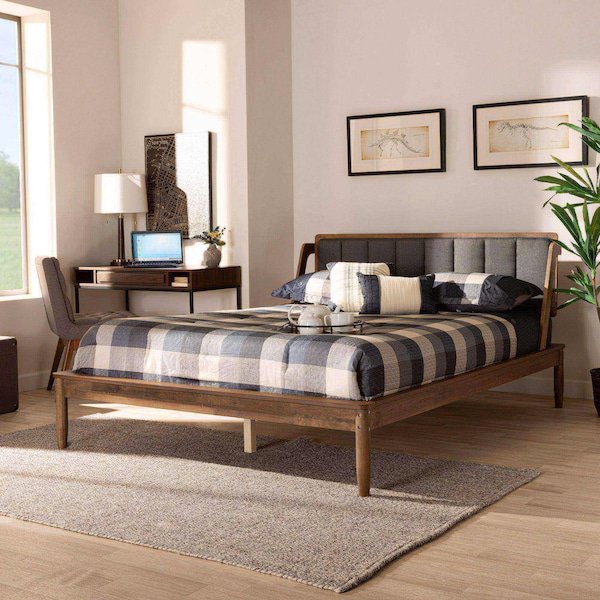 Baxton Studio Helsa Mid-Century Modern Dark Grey Fabric and Walnut Finished Queen Size Platform Bed - 175-10909-ZORO