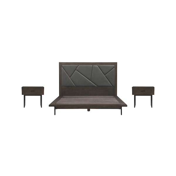 Armen Living Marquis 3 Piece Queen Size Platform Bed Frame Bedroom Set in Oak Wood with Faux Leather Headboard - SETMUBDGRQN3A