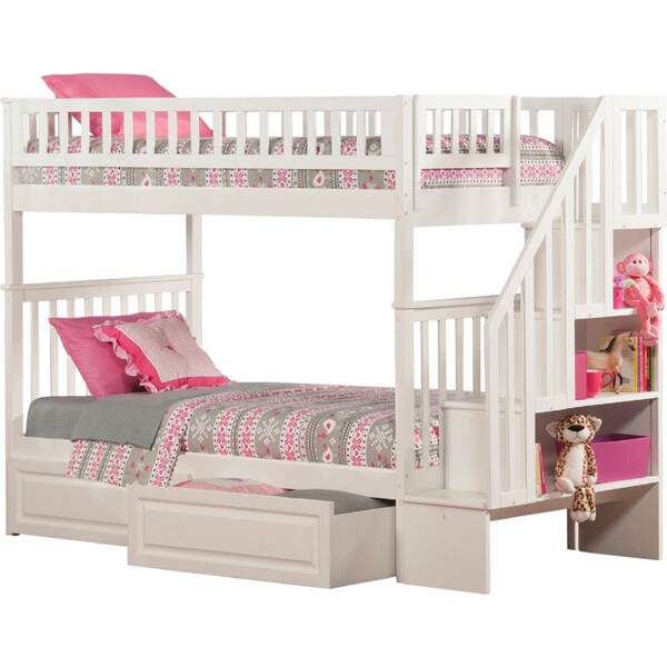 Atlantic Furniture Woodland Staircase Bunk Bed With Raised Panel Bed Drawers, White - AB56622
