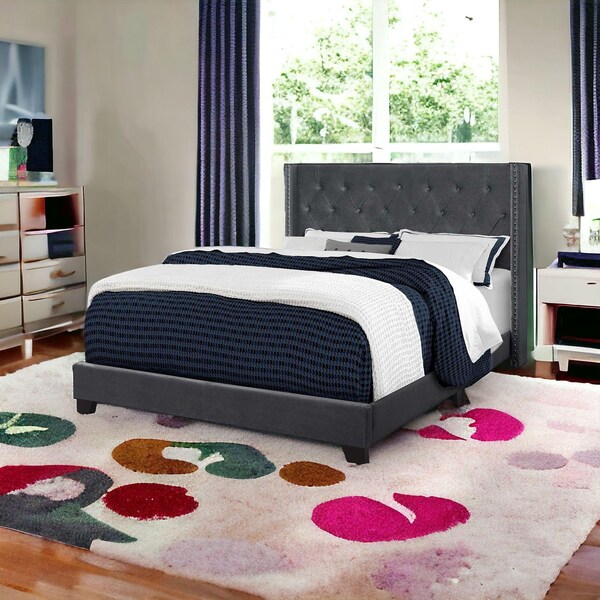 Homeroots 66.5 x 87.5 x 49.75 in. Velvet with Chrome Trim Bed, Dark Grey - Queen Size - 355770