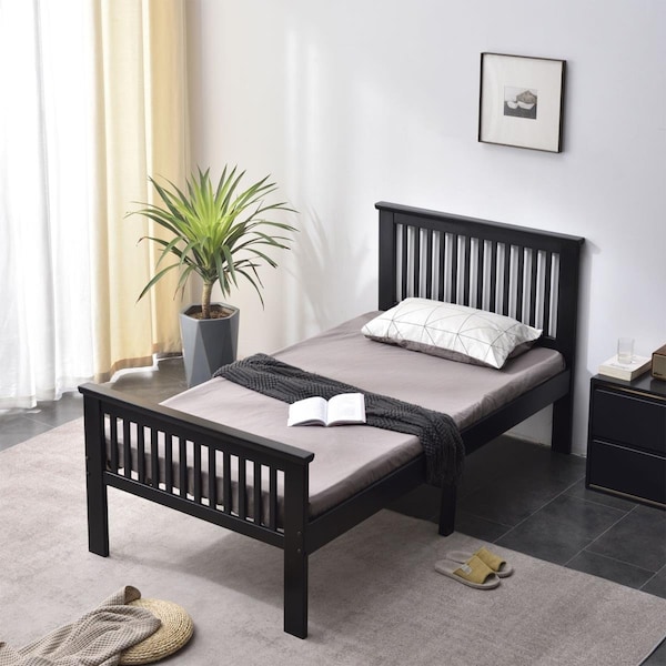 Better Home 39 x 42 x 79 in. Jassmine Solid Wood Platform Pine Twin Size Bed, Black - 616859966000