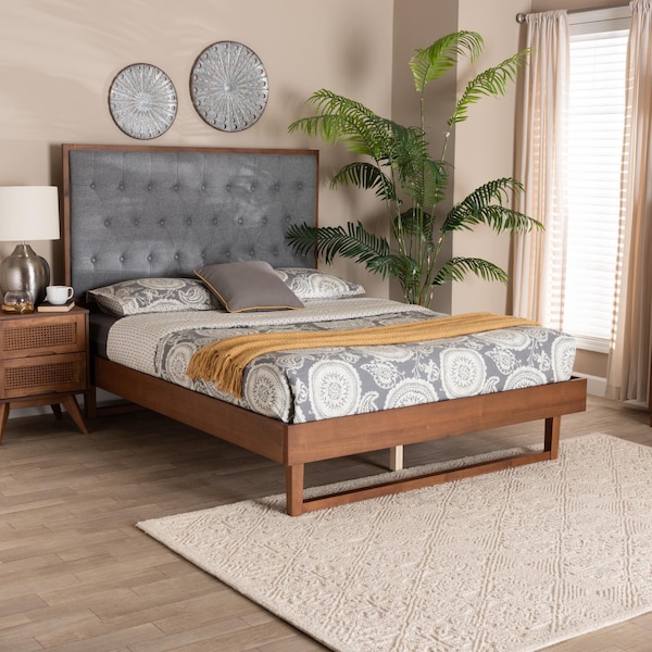 Baxton Studio Bryn Classic and Traditional Grey Fabric and Walnut Brown Finished Wood Queen Size Platform Bed - 237-12638-9411-ZORO