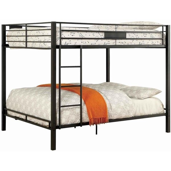 Benjara Horizontal Slatted Metal Bunk Bed with Ladder, Black - Queen Over Queen Size - BM217536