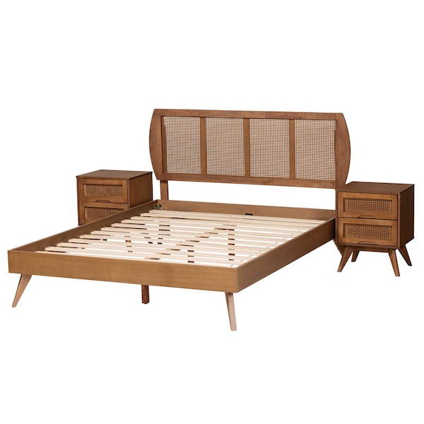 Baxton Studio Asami Mid-Century Modern Walnut Brown Finished Wood and Woven Rattan King Size 3-Piece Bedroom Set - 242-11118-9409-11298-11298-ZORO