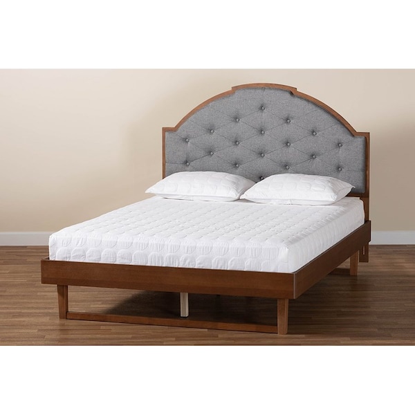 Baxton Studio Douglas Mid-Century Modern Grey Fabric and Walnut Brown Wood Queen Size Platform Bed - 246-12652-9411-ZORO