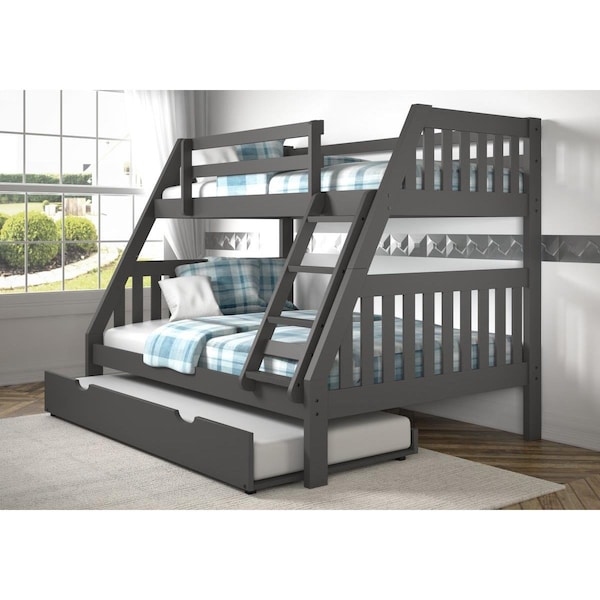 Donco Kids PD-1018-3DG-TF-503 Twin Over Full Mission Bunk Bed with Twin Trundle, Dark Grey - DO434724